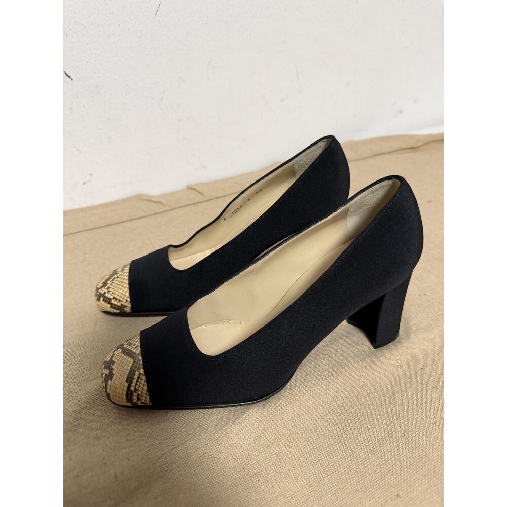 Kalogirou Nancy Shoes Womens Size 6 Black Snake Cap Toe Block Heel Pumps Greece